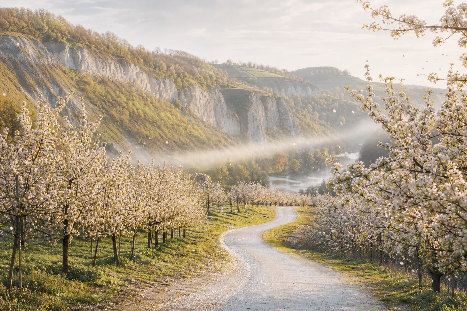 Blühende Obsttäler und sanfte Hügel in Deutschland am Frühlingsmorgen