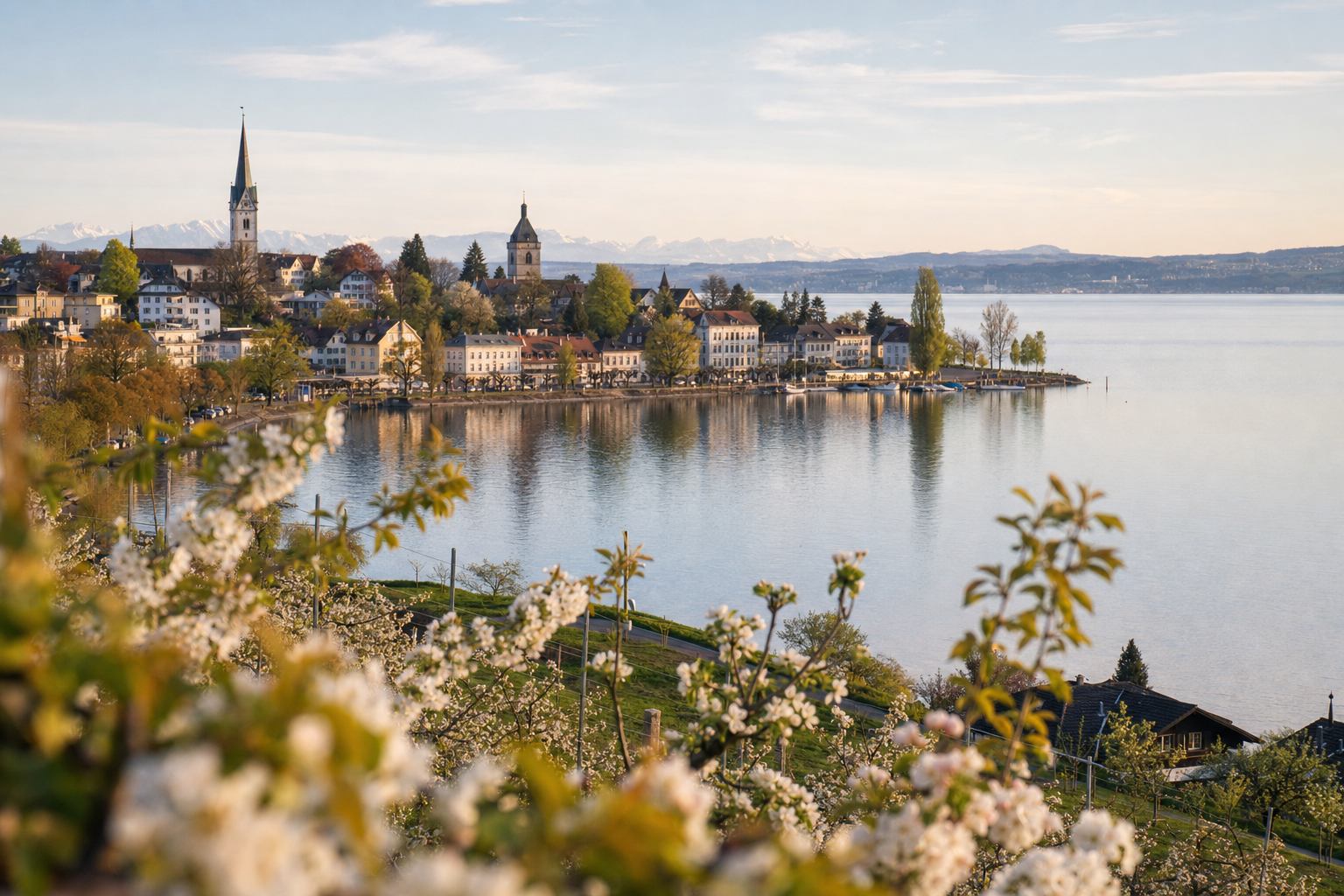 Bodenseeufer mit Obstwiesen und weitem Seeblick