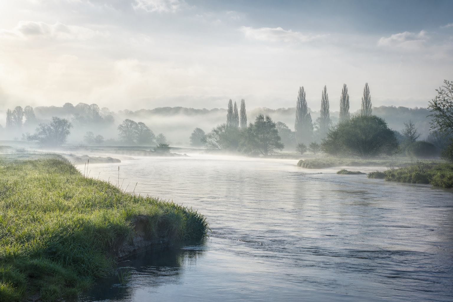 Silberner Flussnebel über Wiesen und Auen am Morgen
